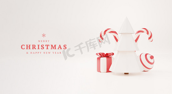 3D 圣诞树与红色礼品盒和球白色背景，圣诞海报，网页横幅。 