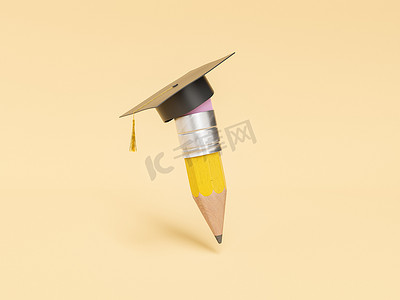 3d 插图上毕业帽中的磨损铅笔