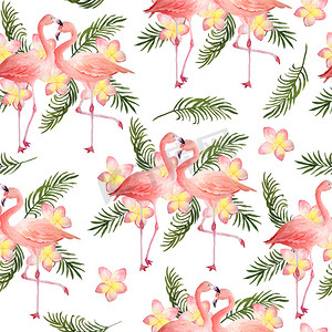手绘火烈鸟摄影照片_无缝手绘水彩图案与粉红色的火烈鸟，浪漫的情侣相爱，棕榈叶鸡蛋花。