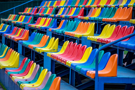 体育场讲台上空荡荡的一排排彩色椅子。