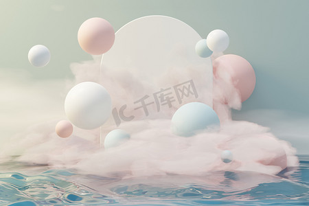 3d 渲染柔和的球，肥皂泡，漂浮在空中的斑点与蓬松的云彩和海洋。
