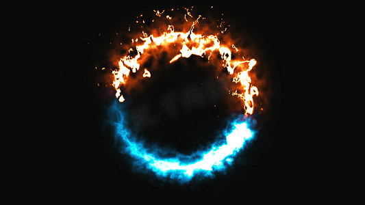 空间中明亮的动力火和冰环，这是相反的符号，3D 渲染，计算机生成的背景