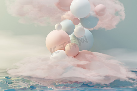 3d 渲染柔和的球，肥皂泡，漂浮在空中的斑点与蓬松的云彩和海洋。