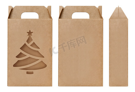 盒子棕色窗口圣诞树形状剪出包装模板，空牛皮纸盒纸板隔离白色背景，盒子纸牛皮纸天然材料，礼品盒棕色纸从工业包装纸箱