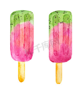 绿色食物插图摄影照片_水彩手绘插图的两个粉红色绿色红色水果冰棒冰淇淋。