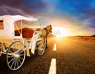马和经典童话马车在柏油路上的视角