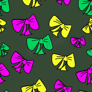 深绿色背景彩色卡通蝴蝶结的可爱无缝图案、织物毛坯、包装图案、设计