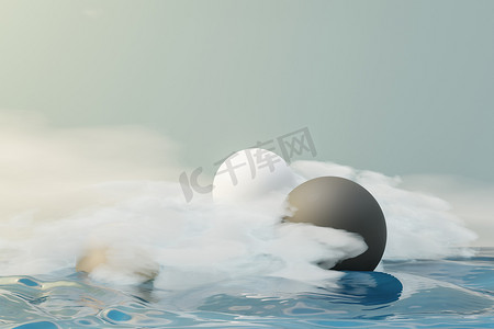 云彩气泡摄影照片_3d 渲染柔和的球，肥皂泡，漂浮在空中的斑点与蓬松的云彩和海洋。