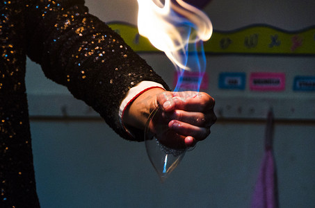 魔术师用手掌的火焰表演魔术