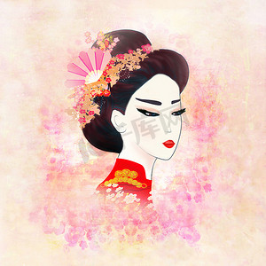 日本花艺摄影照片_美丽的日本艺妓 — 花卉粉红色背景上的艺术肖像
