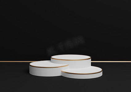 黑色、深灰色、黑白 3D 渲染简单产品展示，带三个讲台或带金线的支架，用于豪华产品的最小背景组合