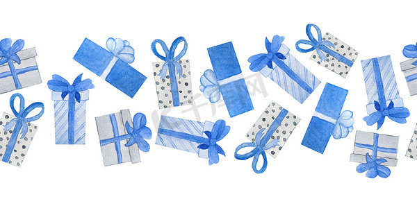 水彩无缝手绘水平边框蓝色灰色圣诞礼物装饰包装纸与蝴蝶结。