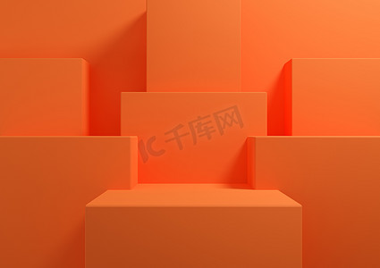 霓虹橙色、亮红色 3D 渲染简单、最小的产品展示台背景，代表美容化妆品的演示几何背景模型模板壁纸