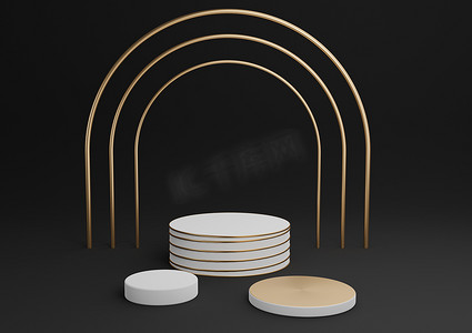 黑色、深灰色、黑白 3D 渲染简单的产品展示圆筒讲台与豪华金拱和线条三站最小背景抽象组合