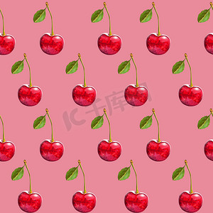 插图现实主义无缝图案浆果红樱桃与粉红色背景上的绿叶