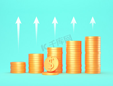 增长收益和财务成功概念-金币和孤立在蓝色背景上的白色箭头。 