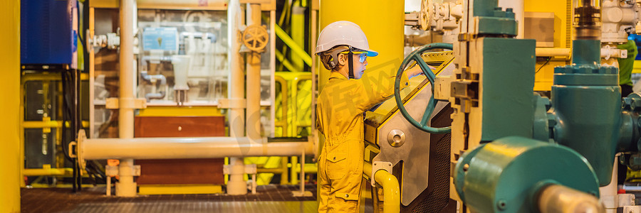 男孩操作员记录石油和钻井平台、海上石油和天然气工业、海上石油和钻井平台的石油和天然气过程操作，操作员监控生产过程，日常记录。