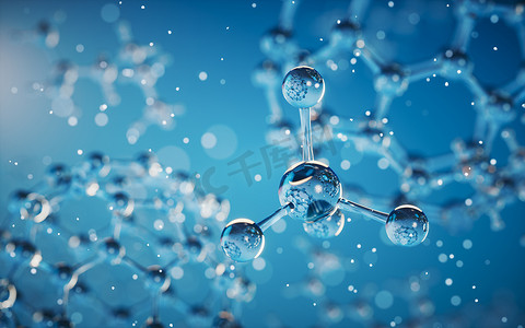 蓝色背景摄影照片_具有蓝色背景的化学分子，3d 渲染。
