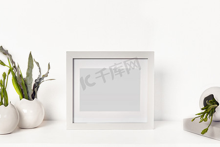 桌面上的方形简单空白相框被花瓶包围，花瓶上有绿色植物或鲜花，与白色隔离。