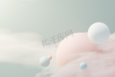 冷泡摄影照片_3d 渲染柔和的球，肥皂泡，漂浮在空中的斑点与蓬松的云彩和海洋。