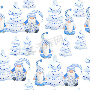手绘冬日摄影照片_水彩手绘无缝图案北欧斯堪的纳维亚侏儒圣诞装饰树。