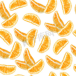 水彩手绘无缝图案插图明亮的橙色橘子柑橘类水果碎片极简主义线条。