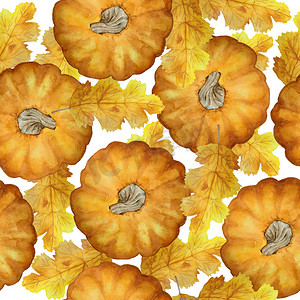 秋天的落叶手绘摄影照片_水彩手绘无缝图案橙色南瓜，十月秋天秋叶。