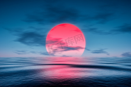 蓝色大海上的红色夕阳