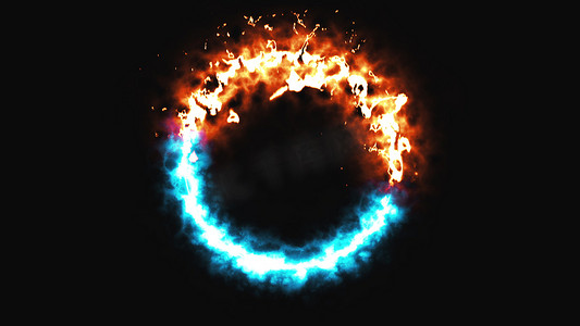 空间中明亮的动力火和冰环，这是相反的符号，3D 渲染，计算机生成的背景