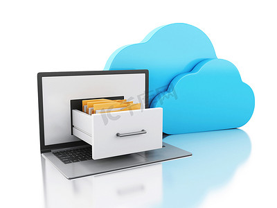 云服务云计算摄影照片_3d 有文件夹和云彩的笔记本电脑。