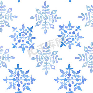 手绘淡彩摄影照片_水彩手绘无缝图案与蓝色优雅雪花圣诞新年设计包装纸纺织品。