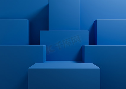 明亮、深色、柔和的蓝色 3D 渲染简单，产品展示台的最小背景，代表展示几何背景模拟美容化妆品产品模板墙纸