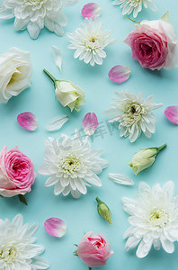 蓝色花束摄影照片_淡蓝色背景上的粉色和白色花朵。