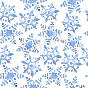 手绘淡彩摄影照片_水彩手绘无缝图案与蓝色优雅的雪花圣诞新年设计包装纸纺织品。