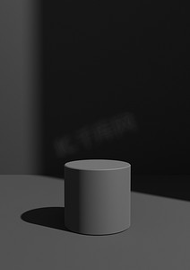 简单、最小的 3D 渲染深灰色背景，用于带有一个支架或圆柱台的产品展示。