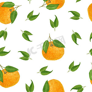 水彩手绘无缝图案插图明亮的橙色橘子橘子柑橘类水果与充满活力的绿叶。