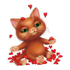可爱的微笑小猫在红玫瑰花瓣中恋爱-手绘卡通人物