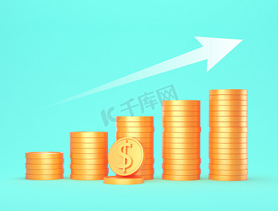 增长收益和财务成功概念-金币和孤立在蓝色背景上的白色箭头。 
