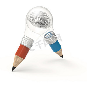 铅笔灯泡内的 3d 金属人脑作为概念