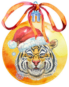 黄色的老虎摄影照片_水彩黄色圣诞球与弓和孤立的白色背景上的老虎。