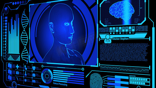 版本摄影照片_3D 人体头部模型渲染在医疗未来 HUD 显示屏中旋转，包括 DNA、数字脑扫描、指纹等，蓝色静态图像版本 3