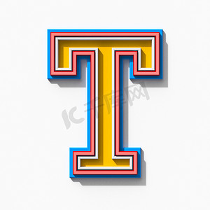字体海报摄影照片_带有阴影的 Slab serif 彩色轮廓字体 Letter T 3D