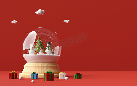 圣诞快乐，新年快乐，雪人在雪球里庆祝圣诞节，在红色背景下庆祝圣诞礼物，3d 渲染