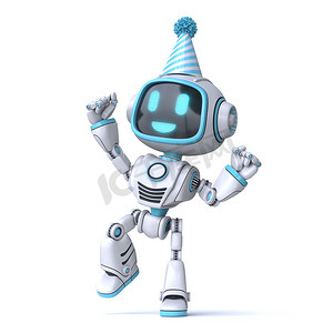 可爱的蓝色机器人庆祝生日 3D