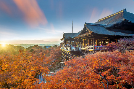 日本京都京都天际线和清水寺的秋色