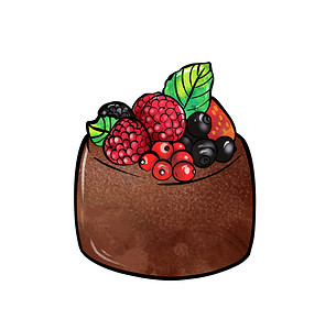 一幅彩色圆饼图的插图，上面完全覆盖着棕色巧克力，并在白色孤立的背景上装饰着草莓、覆盆子、蓝莓、醋栗