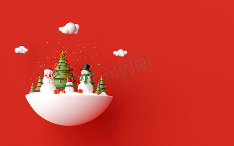 雪人海报背景摄影照片_圣诞快乐，新年快乐，雪人用红色背景的圣诞礼物庆祝圣诞节，3d 渲染