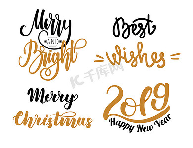 一套圣诞节和新年的手写字体在白色背景下被隔离。
