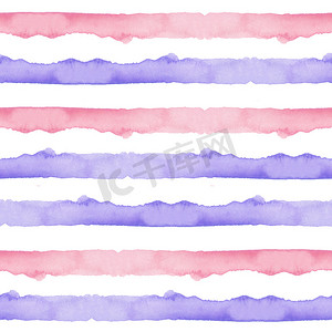 白色条纹纸张摄影照片_抽象粉红色蓝色条纹水彩背景。织物纺织品和纸张的线无缝图案。