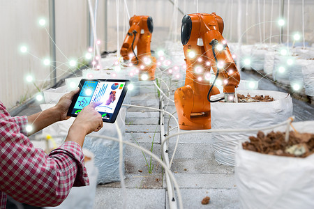 机器人智能机器人摄影照片_智能机器人农民收获农业技术未来机器人自动化工作技术提高效率